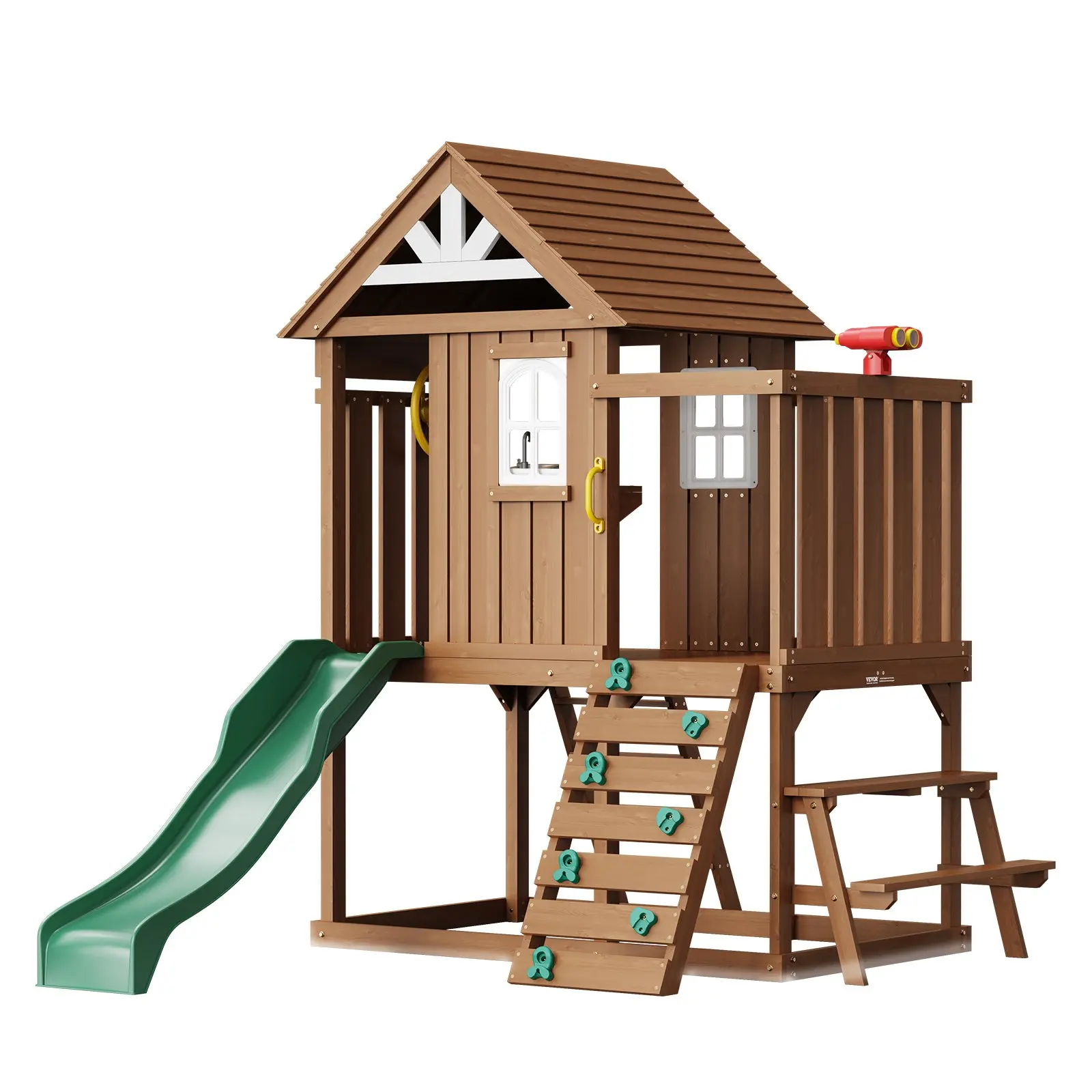 VEVOR Outdoor Wooden Playhouse, Modern Cedar Playhouse for Age 2-8 Years Kids, Garden Games Cottage, Country Style Cedar Playhouse with Slide, Ladder, Climbing Wall, Windows, Picnic Table and Bench