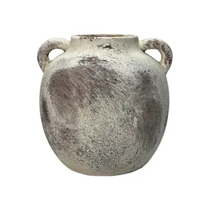 Rustic Style Ceramic Vase, Handmade Round Decorative Vase with Geometric Pattern and Handle, Home Decoration, Vintage Room Decor, Vintage Vases, Table Decor, No Power or Battery Needed