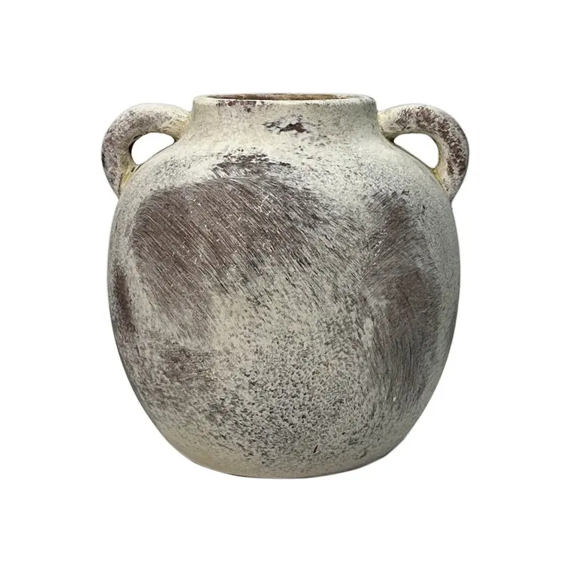 Rustic Style Ceramic Vase, Handmade Round Decorative Vase with Geometric Pattern and Handle, Home Decoration, Vintage Room Decor, Vintage Vases, Table Decor, No Power or Battery Needed