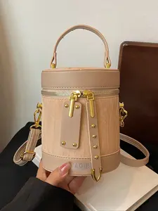 Women's Cylindrical Handbag, Letter Pattern Strap Handbag, Crossbody Purse, Pu Zipper Crossbody Bag for Daily Use, Daily Commuting Bag, Fashionable Shoulder Bag, Casual Handbag Satchel, Casual Crossbody Bags
