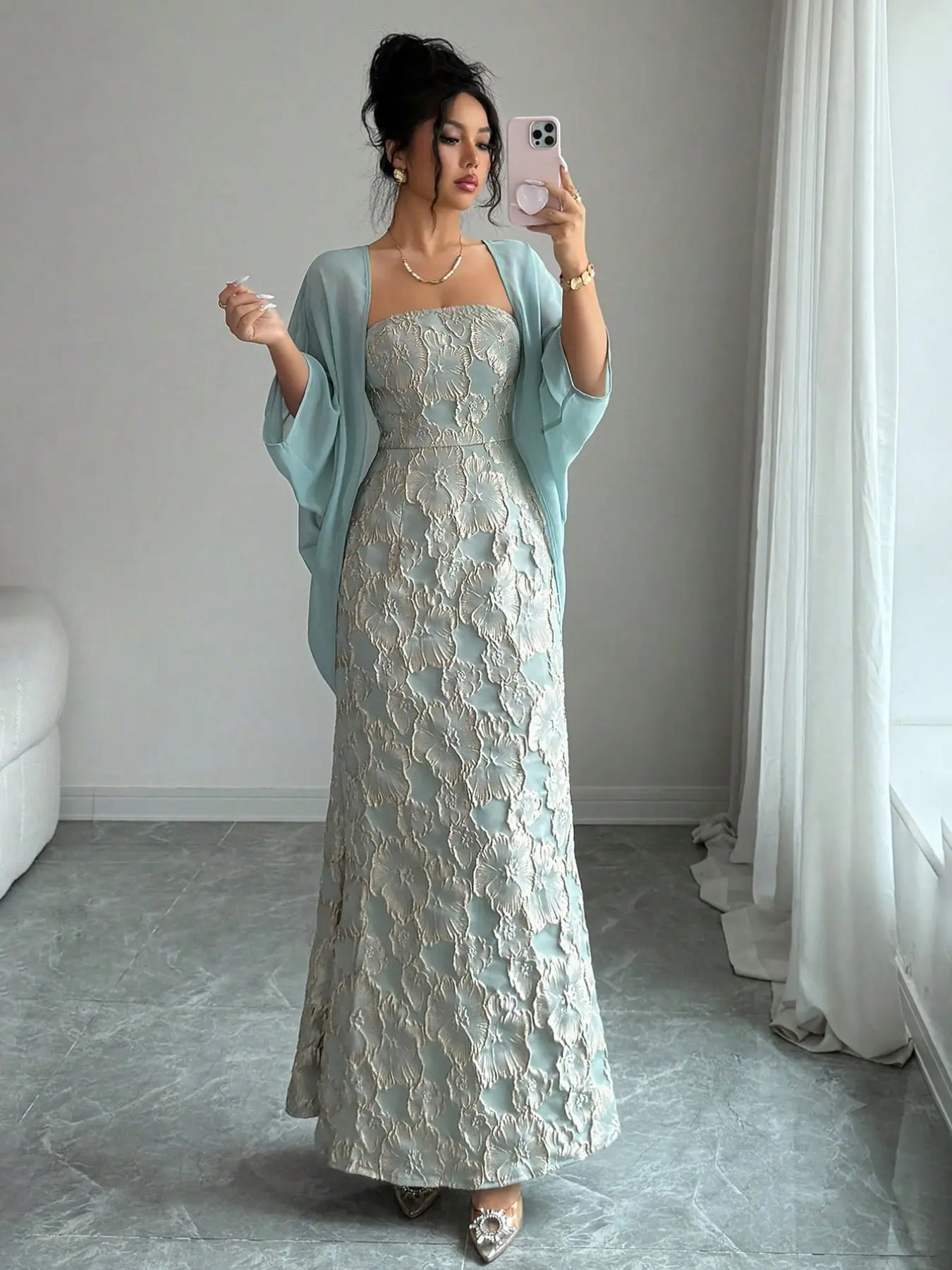 Women's 2 Piece Formal Dress Set, Strapless Jacquard Maxi Dress with Sheer Chiffon Cardigan, Elegant Mint Green Evening Gown for Wedding Guest, Cocktail Party, Evening Party Dresses