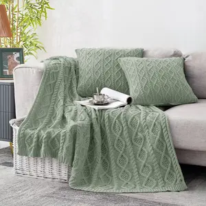 Cable Knit Throw Blanket and Pillow Set, Sage Green Throw Blanket Set of 3, Knitted Throw Blanket (50"x60") & 2 Pillow Covers (18"x18"), Soft & Cozy Decorative Throw Blanket for Couch Bed Sofa