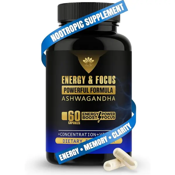 Energy & Focus Powerful Formula Supplement - ASHWAGANDHA, CREATINE and CAFFEINE - Most Concentrated Formula, Support Strong Memory and Sustained Energy throughout the day (60 Capsules).