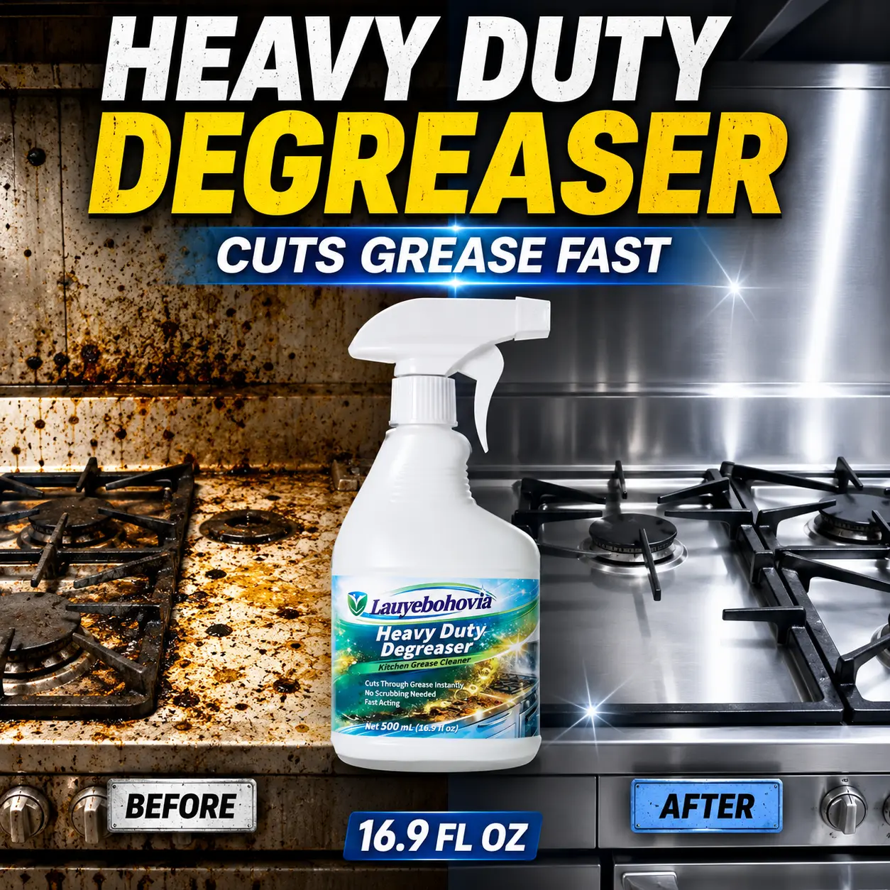 16.9 FL OZ (500ml) Powerful Lemon Scented Household Kitchen Cleaner & Degreaser Spray, Antibacterial Grease Remover, No Residue Multi-Surface Care Cleaner for Stove, Countertop, Powerful Cleaning Solution