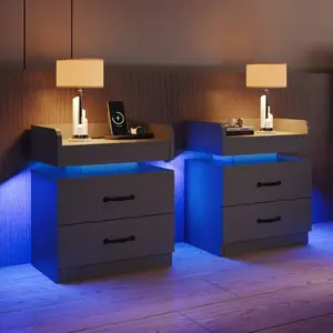 LED NightStand Set Of 2, Modern Night Stands With 2 Drawers, Bedside Tables And End Side Tables For Bedroom, Black/ White/ Grey