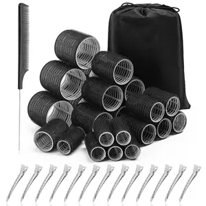 Hair Rollers for Blowout Look, 38 count Self Grip Hair Rollers Set with 4 Sizes, 12 count Hair Clips, Comb and Storage Bag for Hair Volume (Black)
