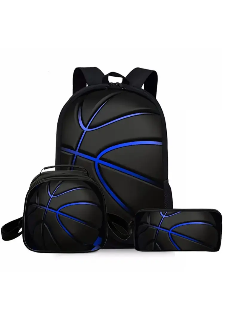 3-Piece Blue Basketball Print Backpack Set for Kids, Includes School Backpack, Lunch Bag & Pencil Case, Sports Bookbag for Boys & Youth, Athletic Backpack