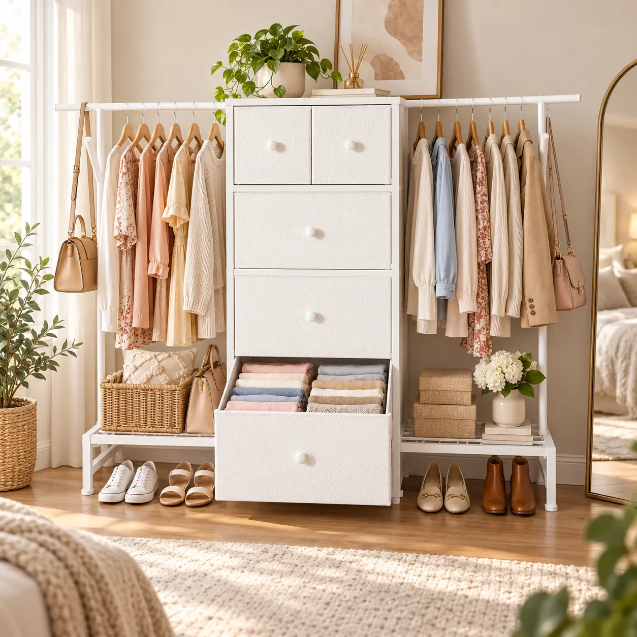 【Clothes Rod Cabinet 3in1】Double Rods Clothes Rack & 5 Storage Drawers, Garment rack Hanger & Shoe rack, Clothing Rack for Hanging Clothes Wardrobe Rack,Metal Garment Rack Sturdy Coat Rack for Bedroom Laundry Living Room,Silent fabric drawer,Easy Assemble