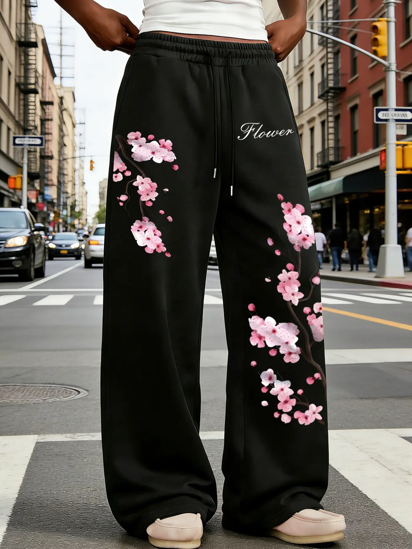 Unisex Y2K Style Cherry Blossom Wide Leg Flowy Pants, Summer Spring Streetwear Casual Fashion Essential, Geometric Pattern, Pockets, Drawstring Waist Elastic, Fit, All Seasons
