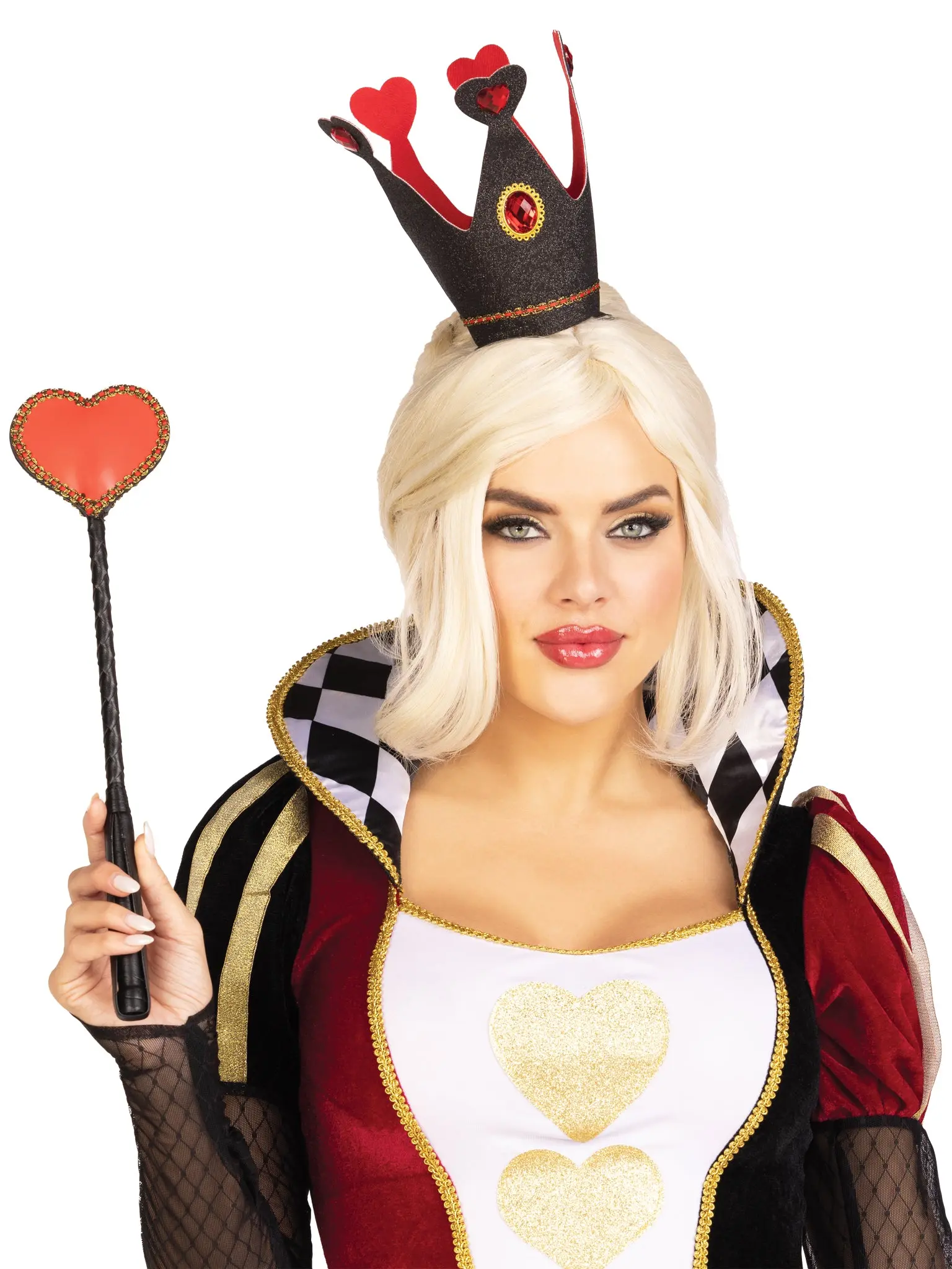 Royal Queen Bling Crown and Scepter Set with Heart Jewels, 2-Piece Costume Accessories with Flexible Band for Halloween & Cosplay, Matching, Bling Hair Fashion, Fits, Crown + Scepter, Heart Accents, Headband, Leather Handle, Queen Look, Gold, One Size