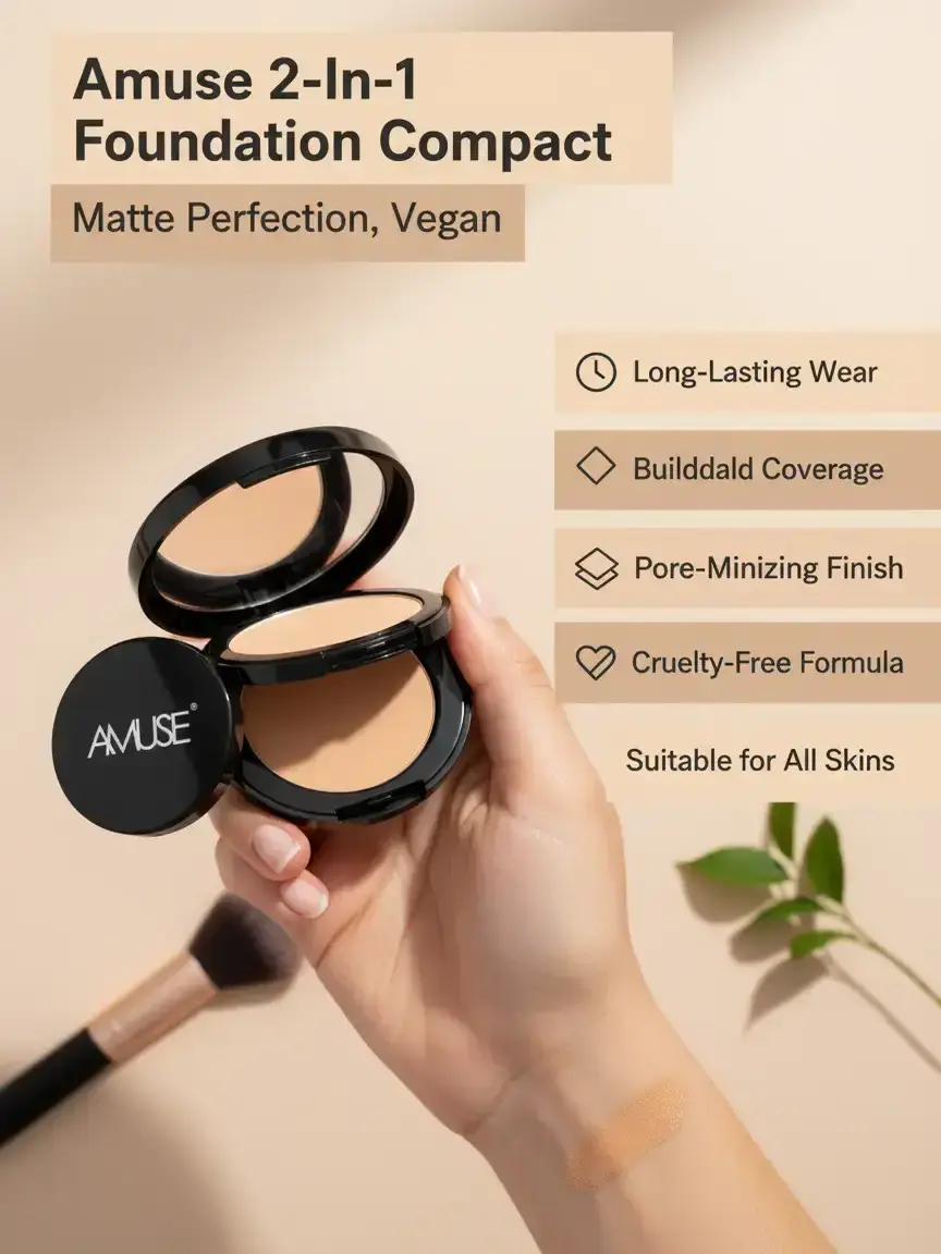 AMUSE 2-in-1 Cream & Powder Foundation Compact - Long-Lasting, Buildable Medium Coverage with a Pore-Minimizing Matte Finish, Cruelty-Free Makeup for All Skin Types, Vanilla, Buildable Pigmented, Finishing Powder, Palette, Cosmetic, Youth