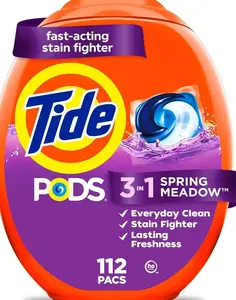 Tide PODS laundry detergent pacs, 3-in-1 Stain Remover, Odor Fighter, Color Protector, 112 Count, HE compatible, Spring Meadow Scent