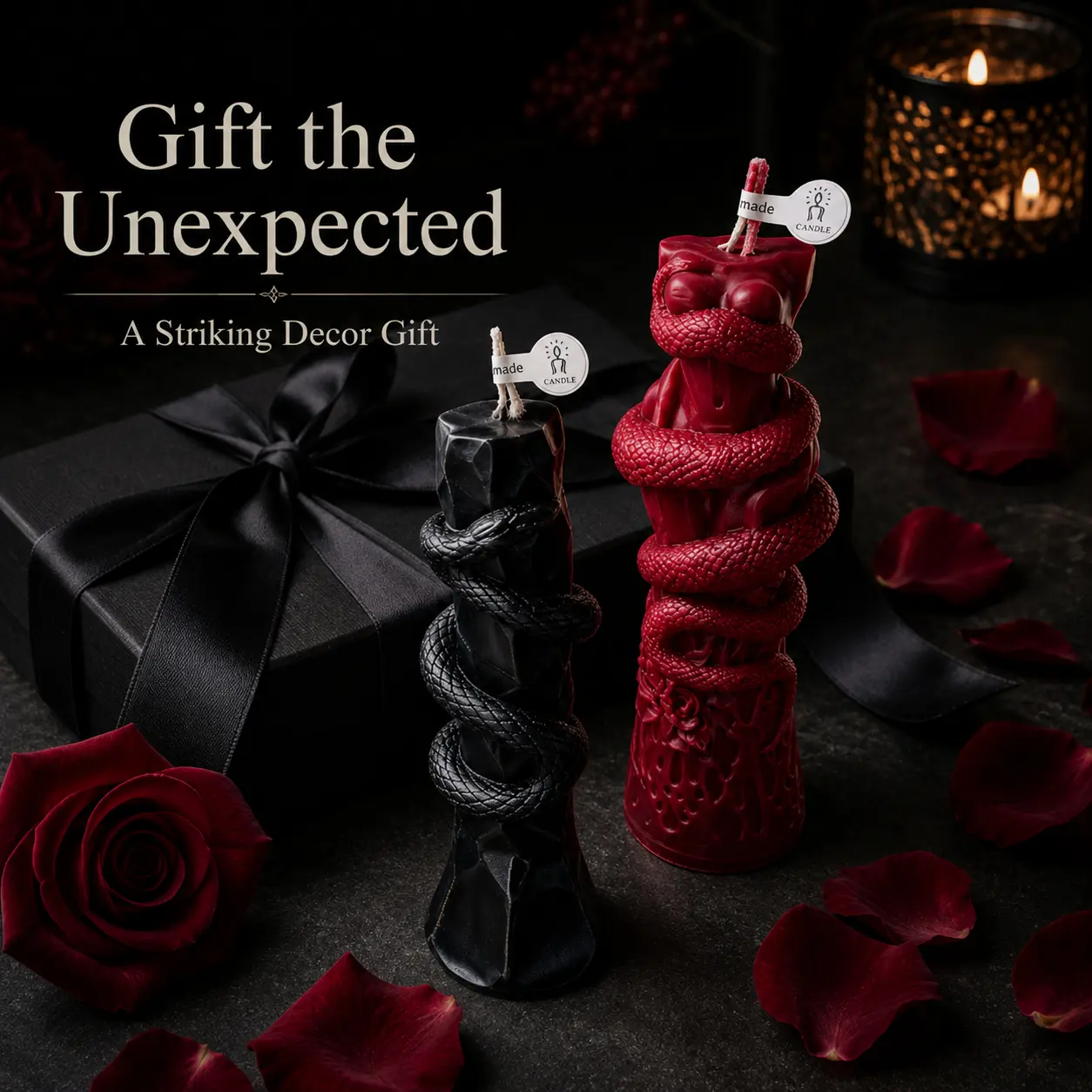 Gothic Snake Candle, Sculptural Serpent Pillar Candle in Black or Deep Red, Textured Decorative Wax Candle for Halloween, Dark Academia Decor & Unique Gifts