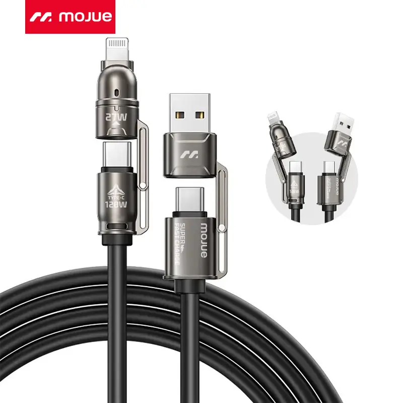 MOJUE 4-in-1 Multi-Port USB-C Fast Charging Cord for iPhone 17/16/15/14/13/12, iPad, AirPods, Samsung S25 - 120W Power 5FT Braided Type-C/Lightning/USB-A Cable for iPhone Users #BackToSchool
