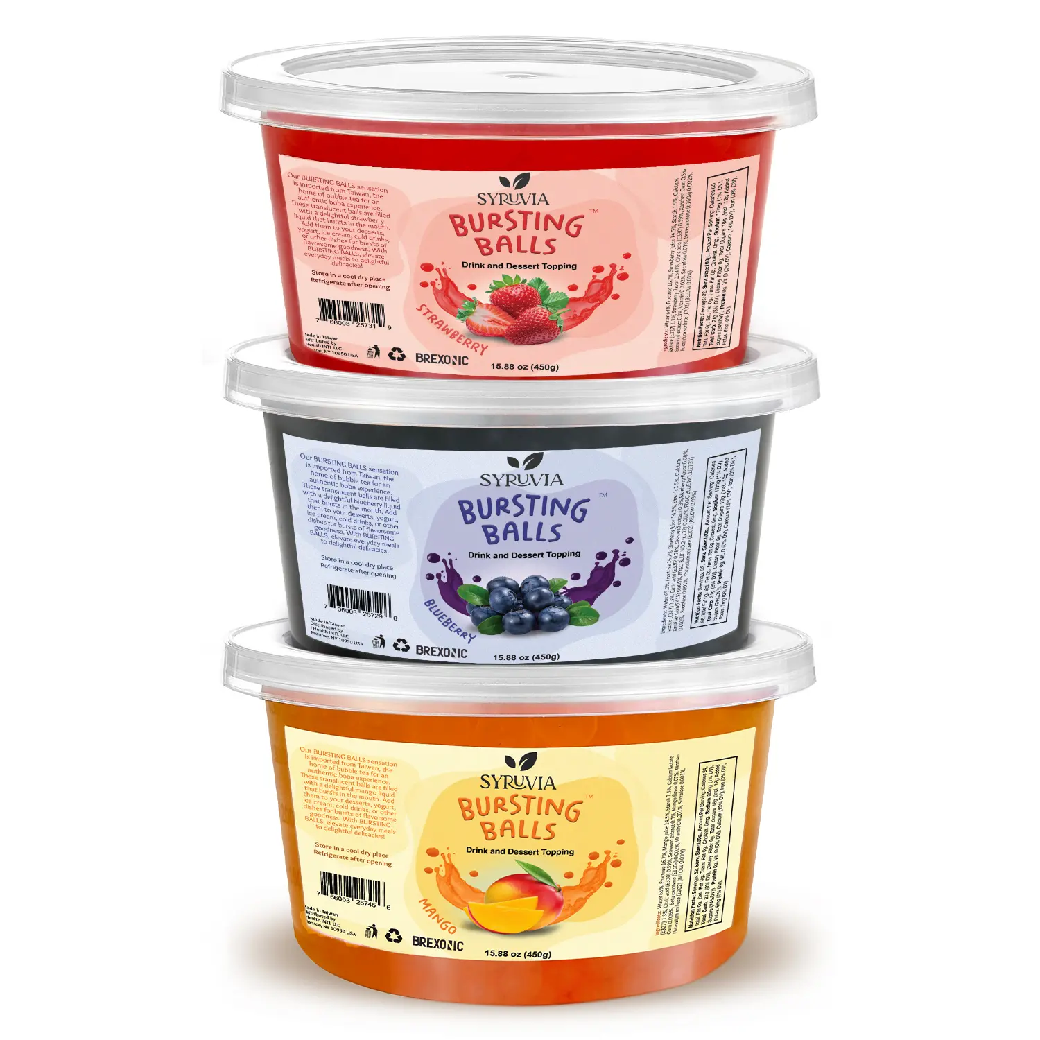 3 Flavors Popping Boba Pearls – Strawberry, Blueberry and Mango Bursting Tea Balls for Drinks & Desserts, 1LB Pack of 3, Flavored Bubble Tea Pearls