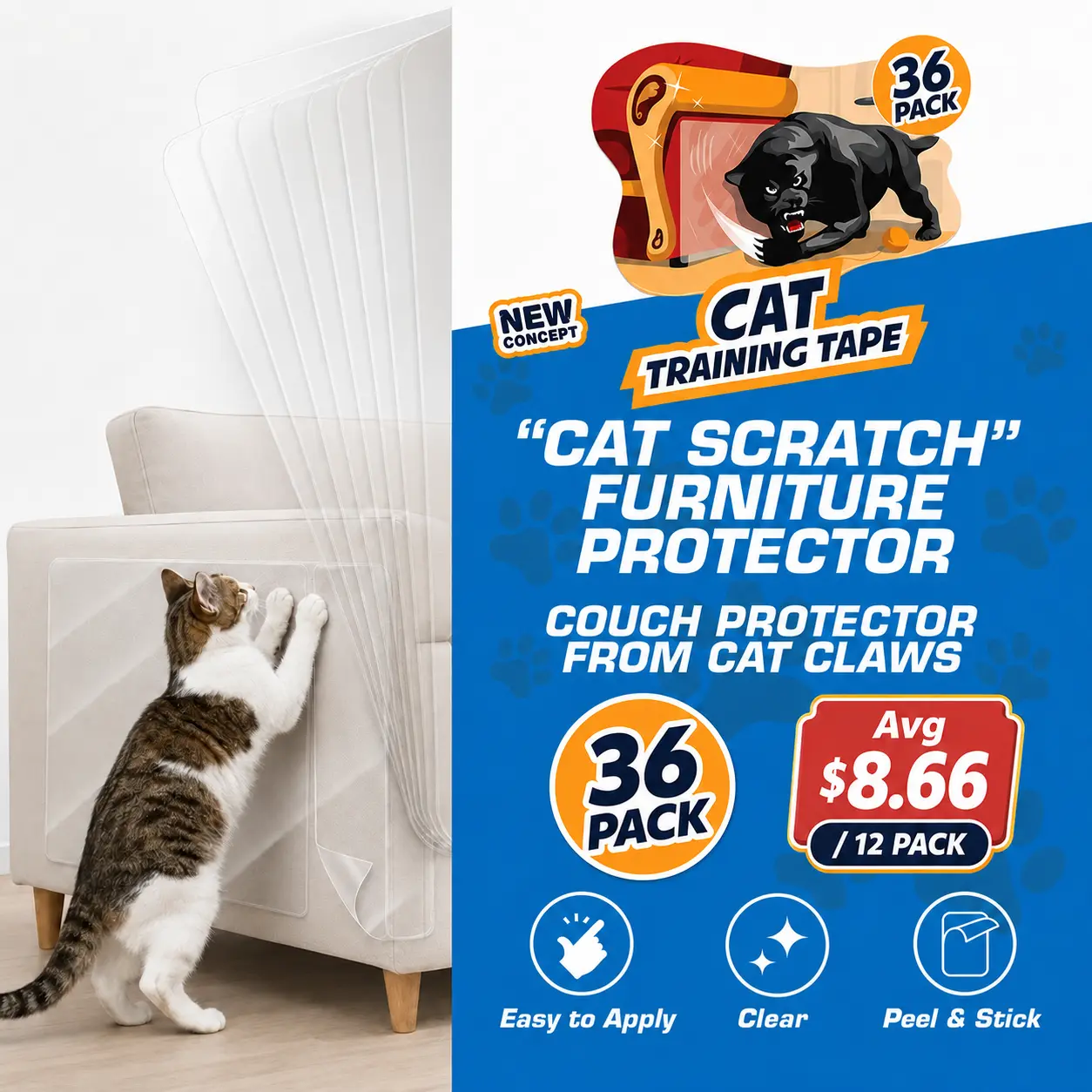 AISOON 36-Pack Plaid Classic Waterproof Suction Cat Scratch Furniture Protector - Self-Adhesive Couch Shield, Anti-Scratch Deterrent, 118" x 12" Size for Home Use