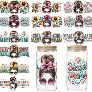16oz UV DTF Glass Cups Wraps, 6pcs Mom Themed Transfer Sticker, DIY Waterproof Sticker for Glass Cup, DIY Decorative Decals for Car Mug, Funny Stickers