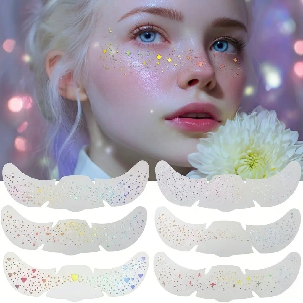 6 Sheets Holographic Glitter Freckle Tattoos - Waterproof Temporary Decor Aesthetic Face Stickers with Star, Heart & Dot Designs, Festival Makeup Accessories for Party, Rave & Daily Wear