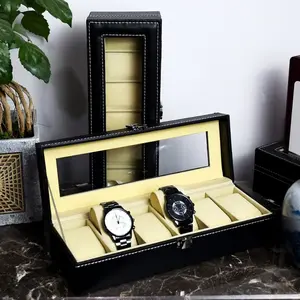 6-Slot Black Faux Leather Men's Watch Storage Box with Cream Interior - Travel Organizer Tray, Watch Display Case and Stand - Perfect Holiday Gift for Watch Enthusiasts, Travel Accessories Organizer | Elegant Display Cabinet | Secure Watch Slot