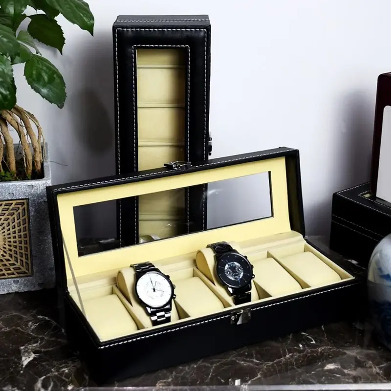 6-Slot Black Faux Leather Men's Watch Storage Box with Cream Interior - Travel Organizer Tray, Watch Display Case and Stand - Perfect Holiday Gift for Watch Enthusiasts, Travel Accessories Organizer |   Elegant Display Cabinet |   Secure Watch Slot