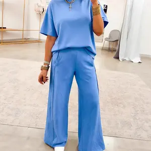 Women's 2-Piece Minimalist Basic Waffle Knit Lounge Set, Round Neck Short Sleeve Oversized Tee & Wide Leg Pants Tracksuit, Women's Clothes Matching Summer Outfits 2026