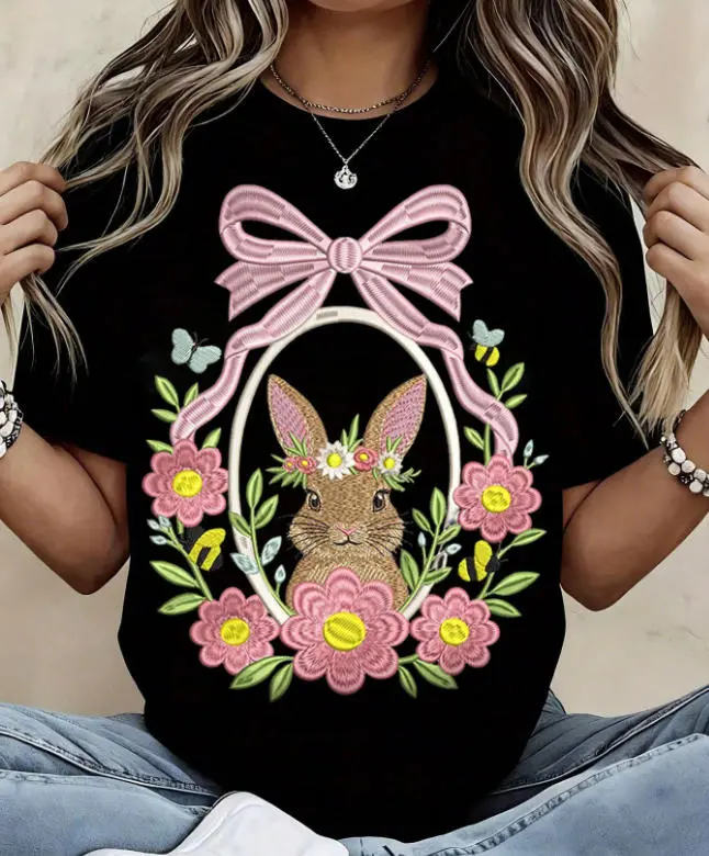 Women's 2-Way Stretch Pure Cotton Short-Sleeve T-Shirt, Casual Round Neck Clothes with Western Floral Easter Bunny Embroidery for Spring Summer Wear (2XL) Womenswear Crewneck