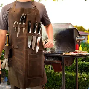 PU Leather Apron for Picnic BBQ, Oil-Resistant Wine Bottle Holder, Durable Convenient Outdoor Cooking & Work Use, All-In-One Grill Apron