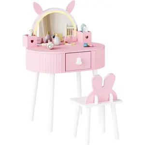 JOYMOR Kids Vanity Set with Mirror Lights – Touch Screen with 3 Light Modes, Wooden Legs, Storage Drawer & Boxes, Pretend Makeup Vanity Table and Chair for Girls (Pink)