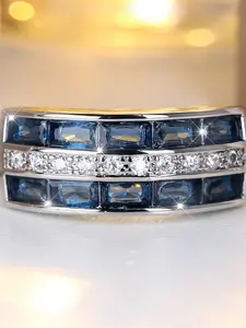 A platinum sapphire blue zirconia rectangular edge ring is fashionable, high-end and simple, suitable for women to wear during proposals, travels and daily life, Stackable Rings