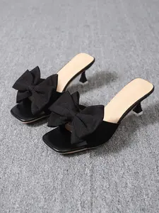 Women's Pink Square Toe Mule Heels with Bow Decor #WomenHeels #MuleHeels #BowHeels #SquareToeHeels #PartyHeels