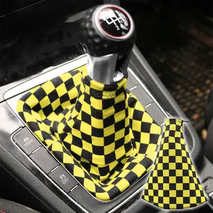 Universal Checkered Yellow Fabric Gear Manual Shifter Shift Knob Boot cover