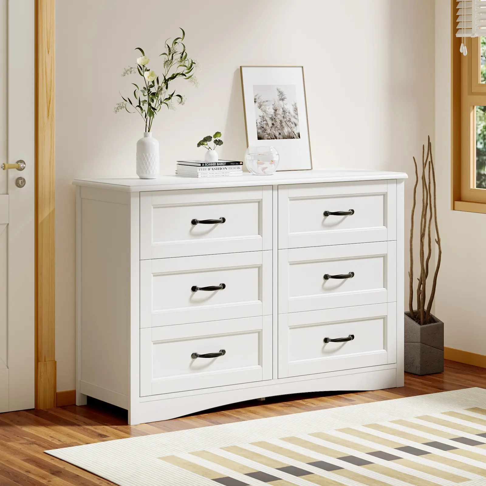 Gizoon 6 Drawer Dresser for Bedroom 47'' Larger Chest of Drawers with Mental Handle for Kids Room Dresser with 6 Storage Drawers for Living Room Entryway and Hallway Girl Apartment Furniture Space-Saving,dorm essentials,home decor