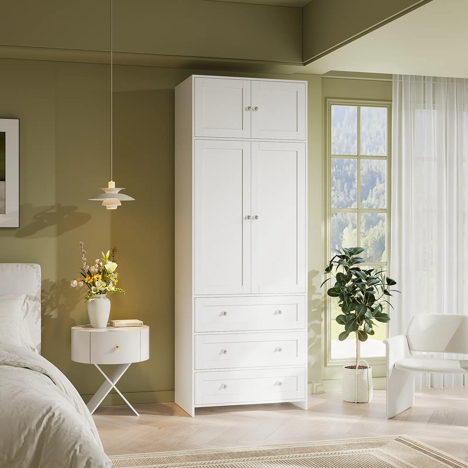 【2 Packages Delivery】VOWNER 86" High Freestanding Wardrobe with 3 Drawers Closet With Hanging Rod, Bedroom, Living Room, White Storage Closet Cabinet Modern Wooden Armoires, dressers