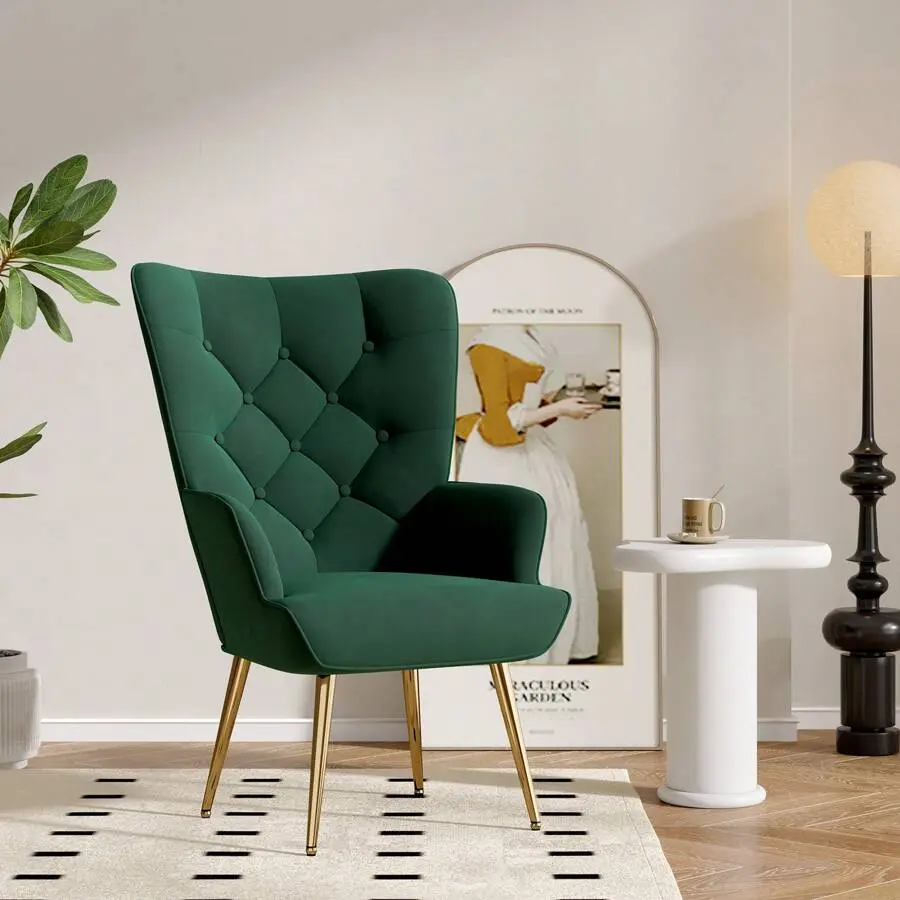 Mid-Century Modern Velvet Tufted Wingback Accent Chair, High Back Upholstered Reading Chair With Metal Legs, for Living Room & Bedroom