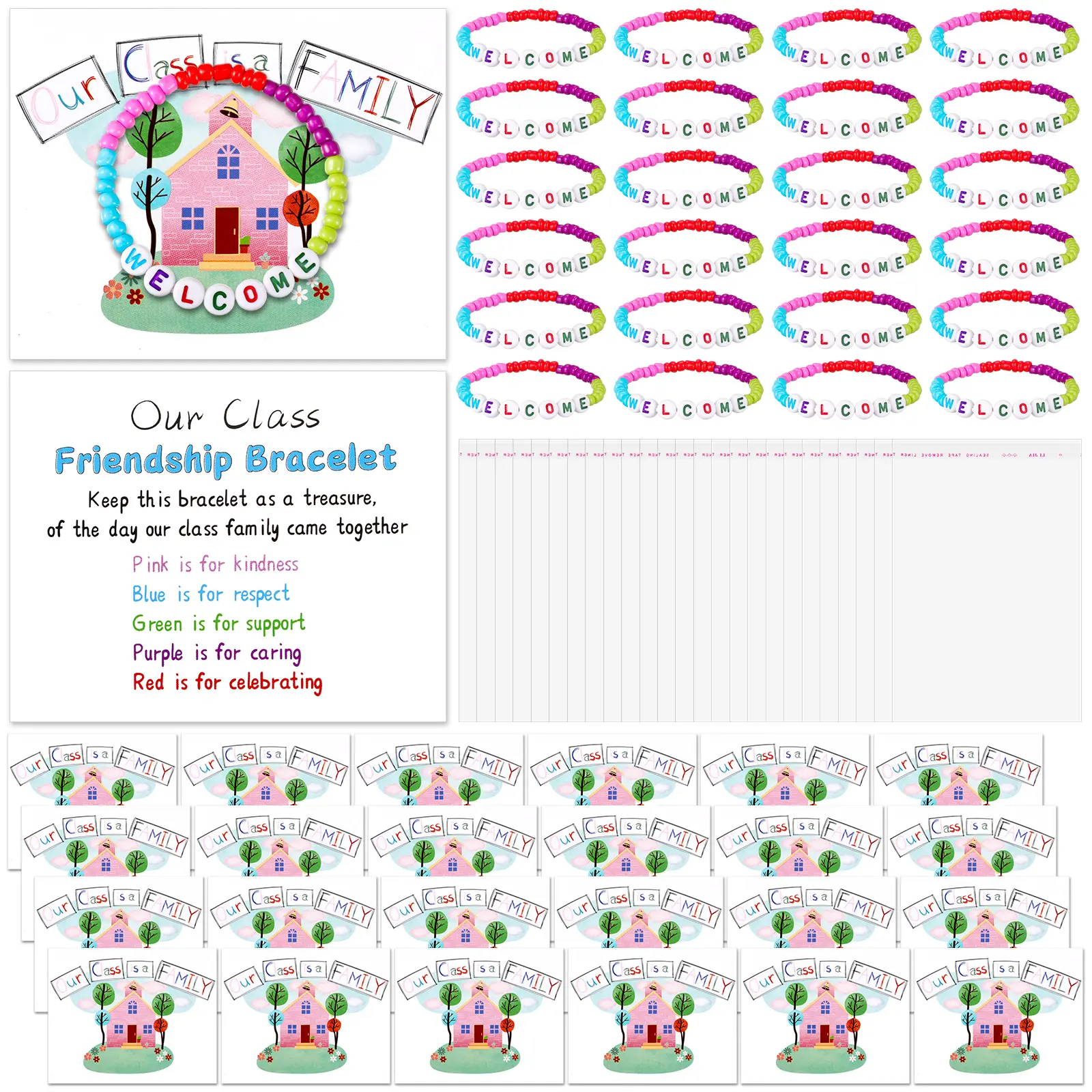 Back to School Friendship Bracelets Set Classroom Gifts for Student Include Our Class Is a Family Greeting Card and Welcome First Day of School Friendship Bracelet with Bags Gift for Kindergarten Elementary Classroom Reward Party Goodie Bag Stuffers