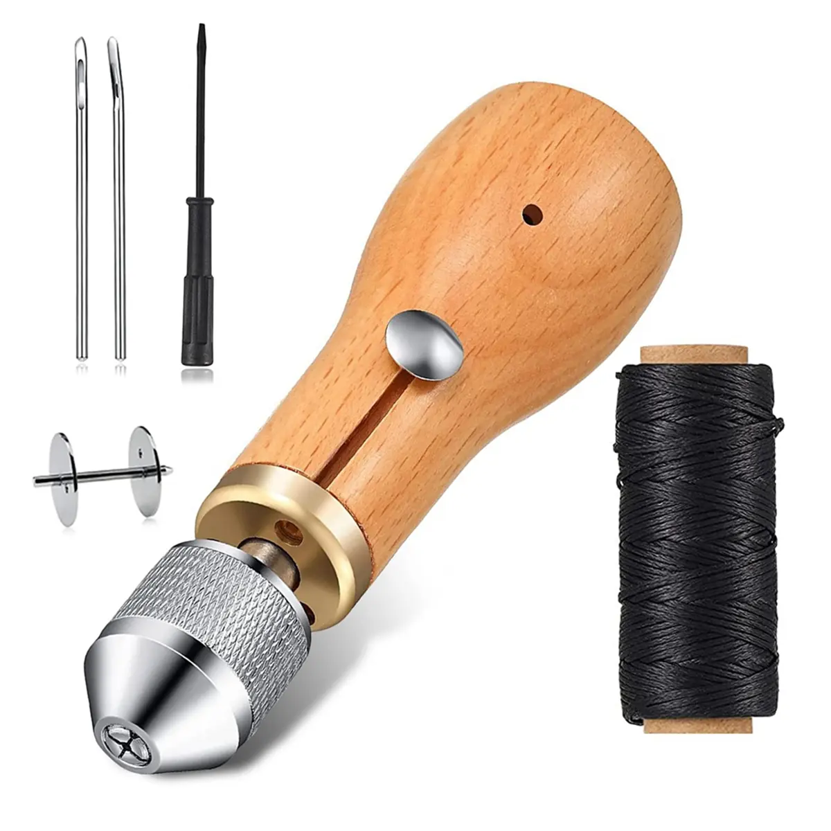 Handheld Leather Sewing Awl DIY Craft Tool Kit for Leather Craftsmen - Easy to Thread, 1 Black 30m Waxed Thread, 2 Needle Types Lock Stitcher Home Supplies for Tailoring, Canvas Repair, Fishing Repairing, Hunting