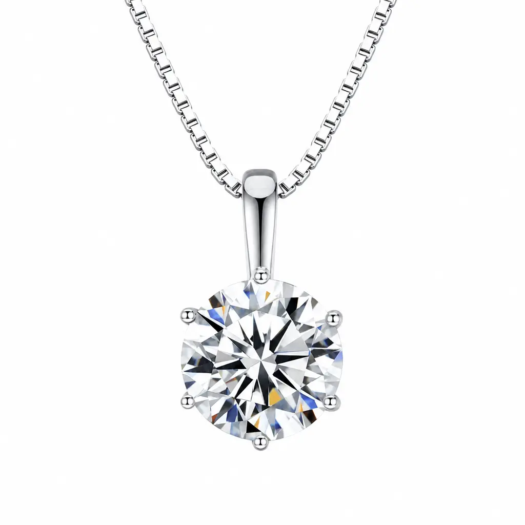 Artificial Gemstone Solitaire Pendant Necklace, Silver-Tone with 6-Prong Round Setting & Faceted Clear Center Accent