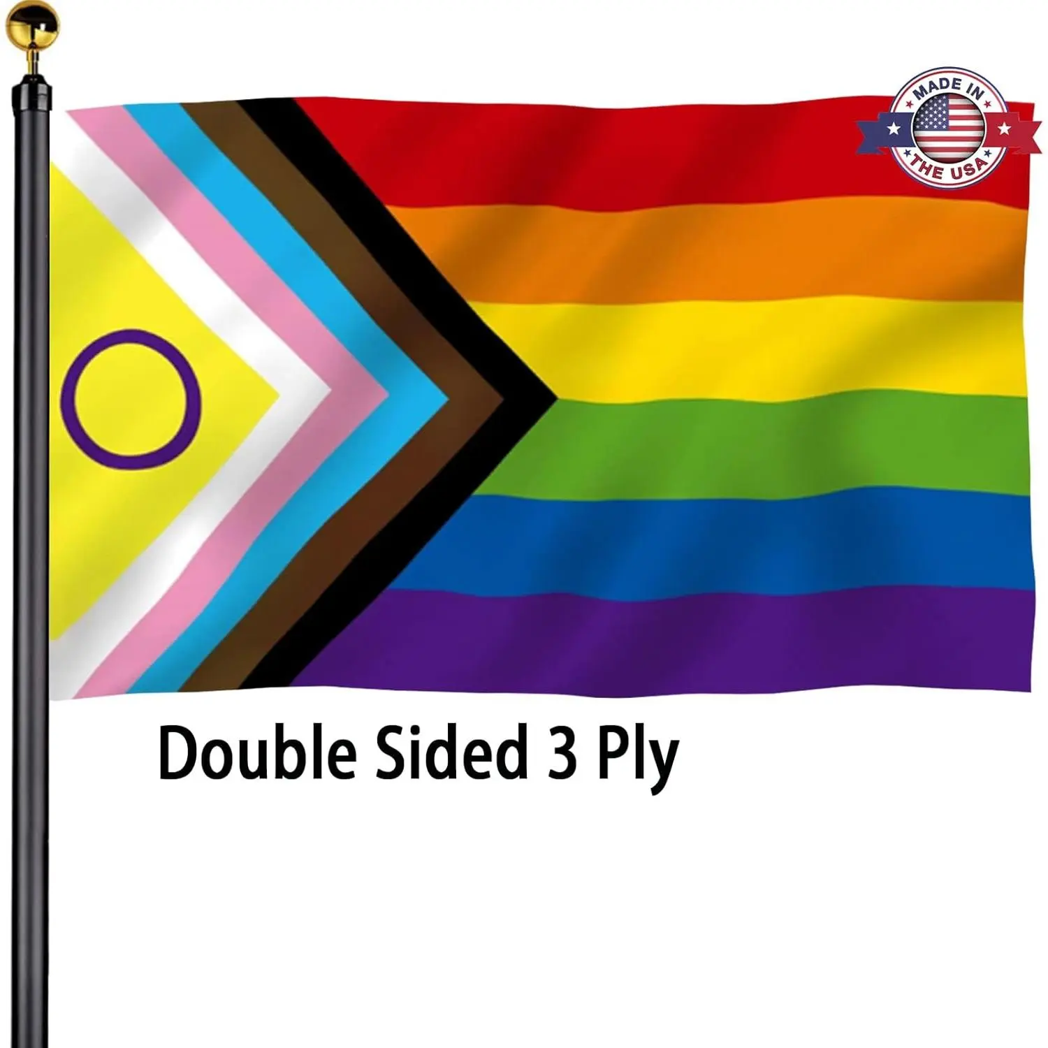 Intersex Progress Pride Flags 3x5 Outdoor -Double Sided 3 Ply Heavy Duty Inclusive Lesbian Gay Bisexual Transgender Rainbow Banner for Outside with 2 Brass Grommets UV protection Fade Resistant Indoor