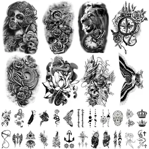 32 Sheets Temporary Tattoos Stickers, 8 Sheets Fake Body Arm Chest Shoulder Tattoos for Men Women with 24 Sheets Tiny Black Temporary Tattoos