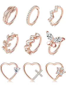9Pcs 20G Nose Rings Hoops Stainless Steel Paved CZ Heart Shaped Daith Rook Tragus Cartilage Earrings Nose Piercing Jewelry for Women Men