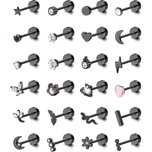 LOLIAS 24Pcs Cartilage Earrings for Women Men 20G Surgical Steel Flat Back Stud Earrings CZ Helix Conch Small Flatback Earrings Hypoallergenic Nap Earrings