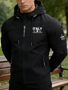 Men's Casual Fashion Hooded Jacket, Italian Style Italy Print Thin Windbreaker, Hooded Functional Coat, Comfortable and Stylish
