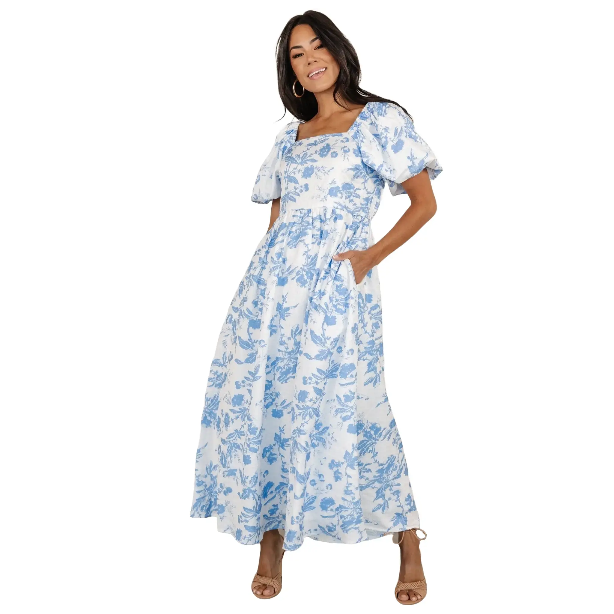 Baltic Born Women's Graceland High Waist Maxi Dress - Woven, Light Balloon  Sleeves, White + Blue Floral Print, Elastic Waist, Bohemian Casual Wear,  Flowy Skirt with Pockets - TikTok Shop