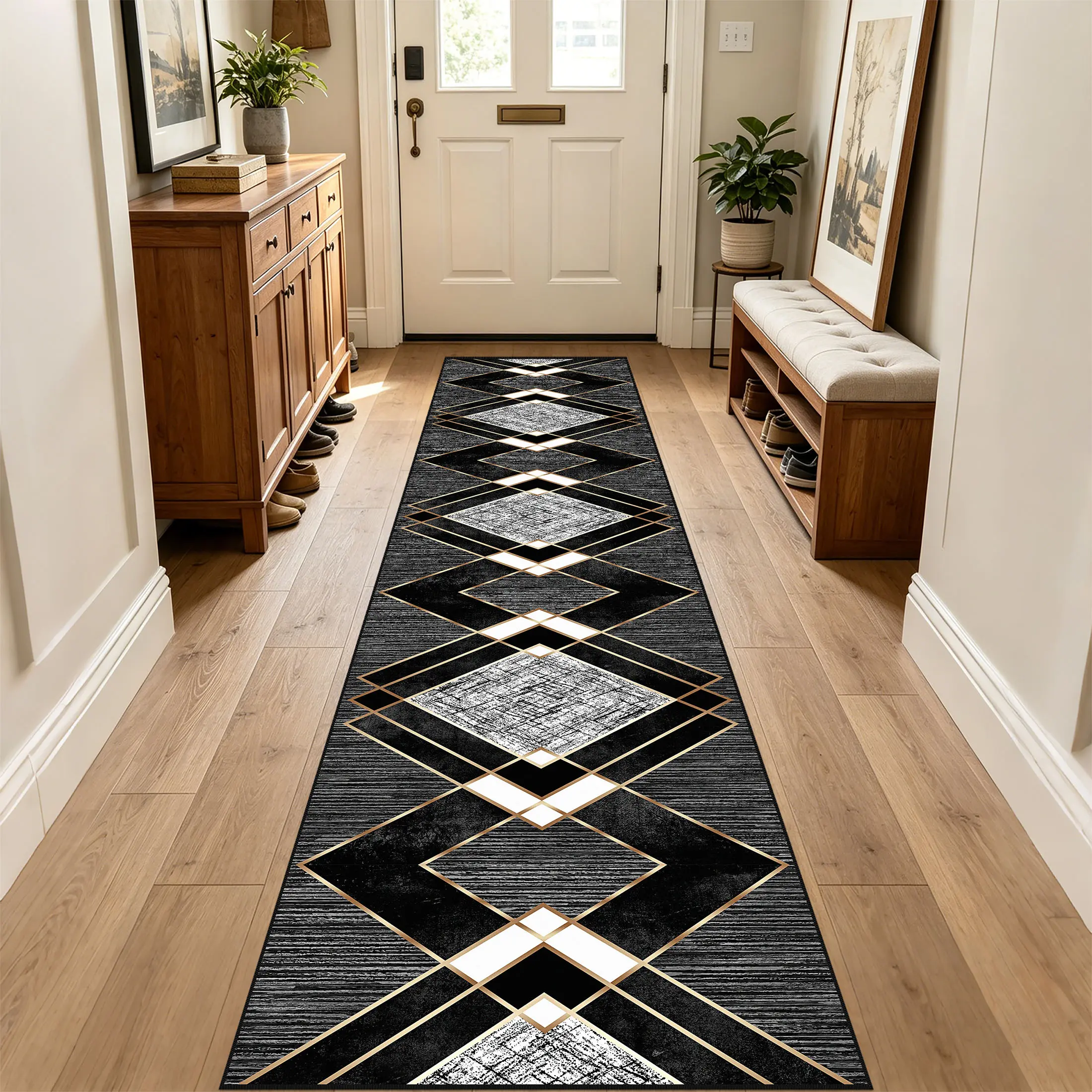 Black Geometric Modern Printed Runner Rug - 2.2'x10' Runner Rug, Geometric Floormat, Stable Nonslip Indoor Entrance Mat for Bedroom, Hallway, Easy Clean Care Home Decor, Durable