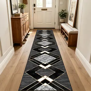 Black Geometric Runner Rug 65x360cm/2.16x12ft Non Slip Washable Living Room Hallway Rug
