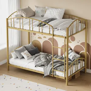 Garvee Metal Twin Over Twin Bunk Bed with Heavy Duty Frame, Stairs, Arched Guardrail, Space-Saving Design, Noise-Free, No Box Spring Needed, Ideal for Dorms or Shared Rooms – Gold Finish