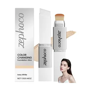 Color Changing Foundation Stick, 2-in-1 Dual Ended Eraser Foundation with Brush, Dewy Finish Base Makeup, Light to Medium Coverage, Lightweight Blendable Creamy – Ivory White