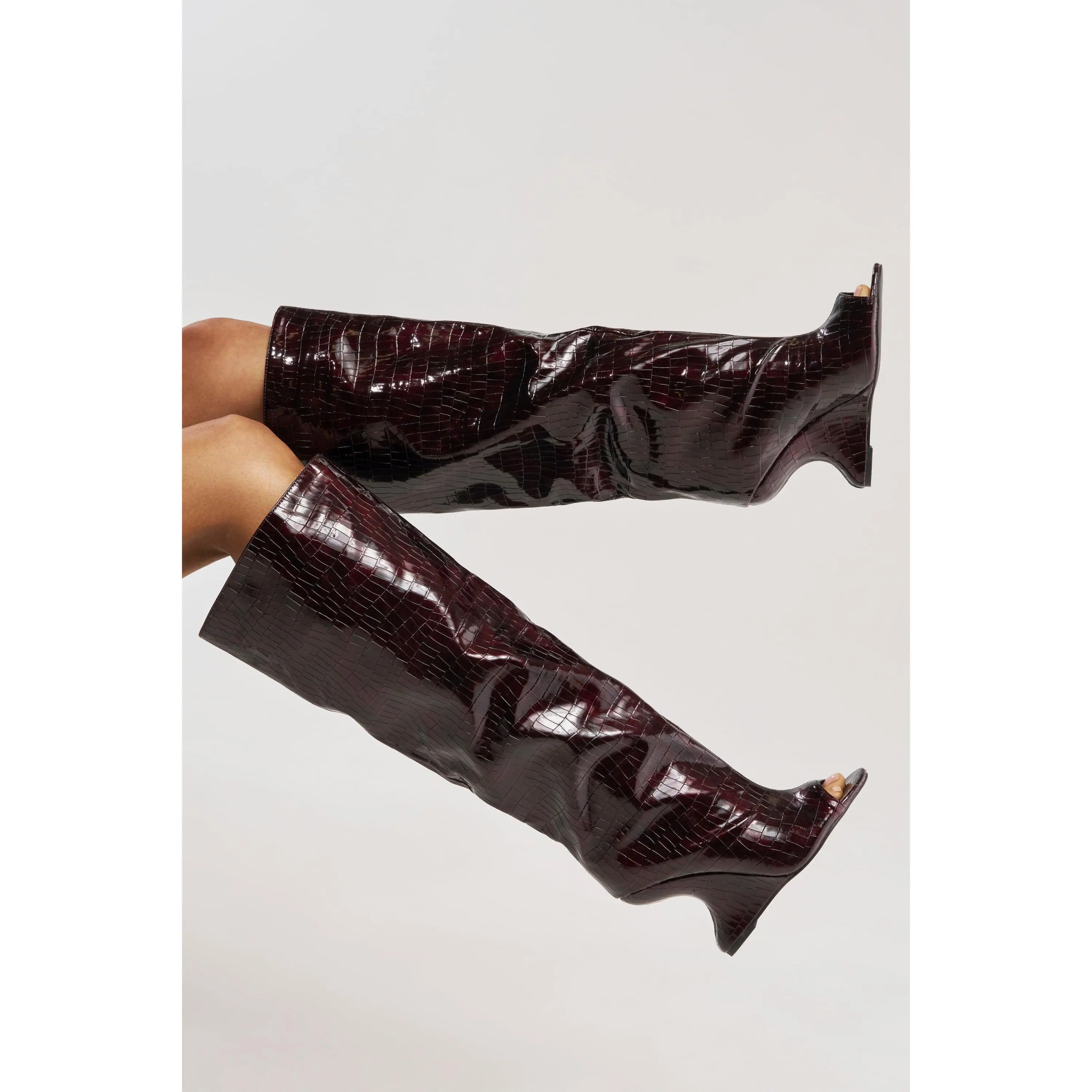 AZALEA WANG VINCENT BURGUNDY CROC OPEN TOE WEDGE BOOT