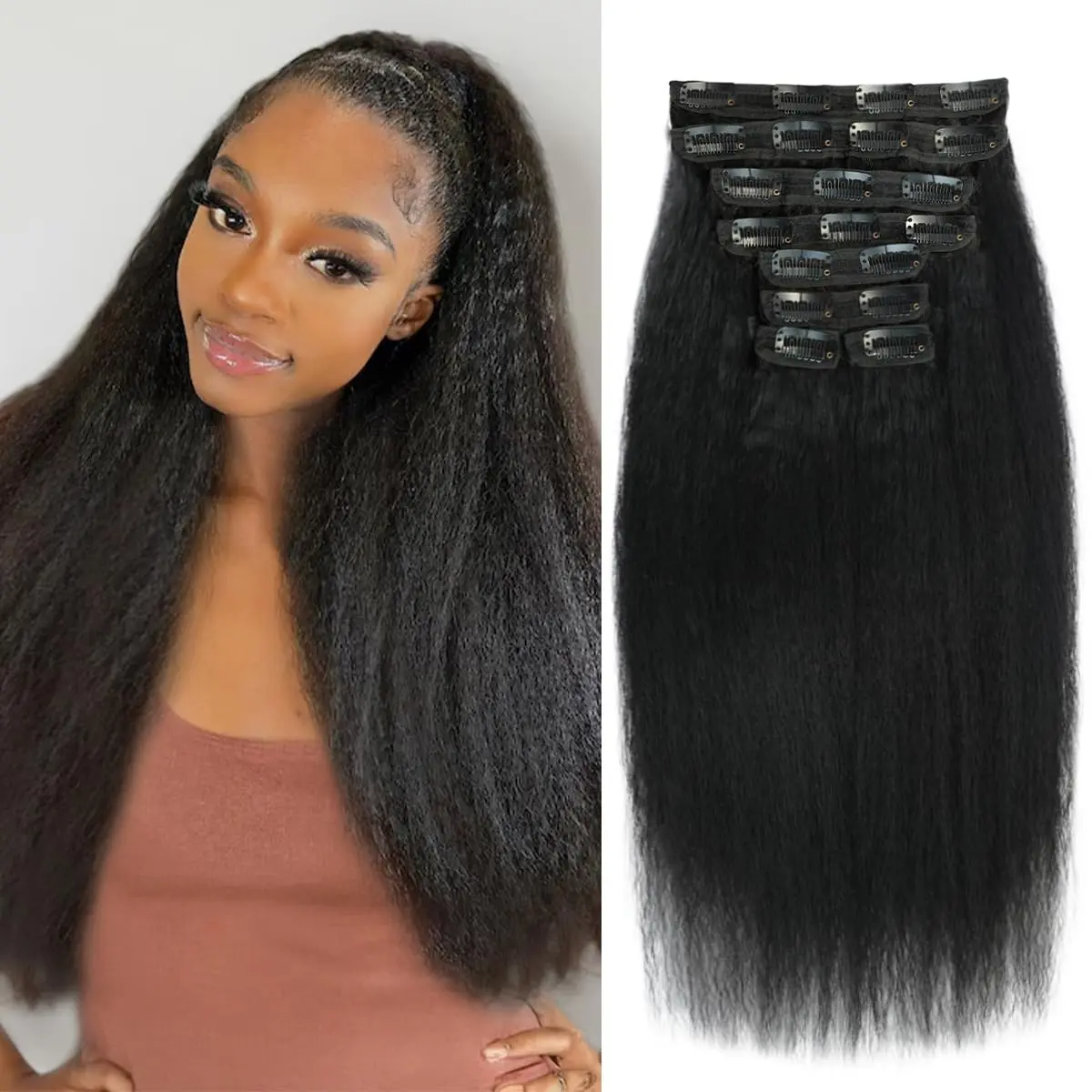 Clip in Hair Extensions Kinky Straight Clip ins 8Pcs 120g Real Human Hair Yaki Straight Clipins for Black Women Full Head Brazilian Remy Hair Extensions Double Weft 20 Clips