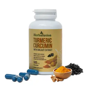 Herbafusion 60 Capsules Turmeric Curcumin + Shilajit Capsules | 500mg Daily Wellness Blend | Easy Routine Supplement Healthcare Fitness  Dietary Edible